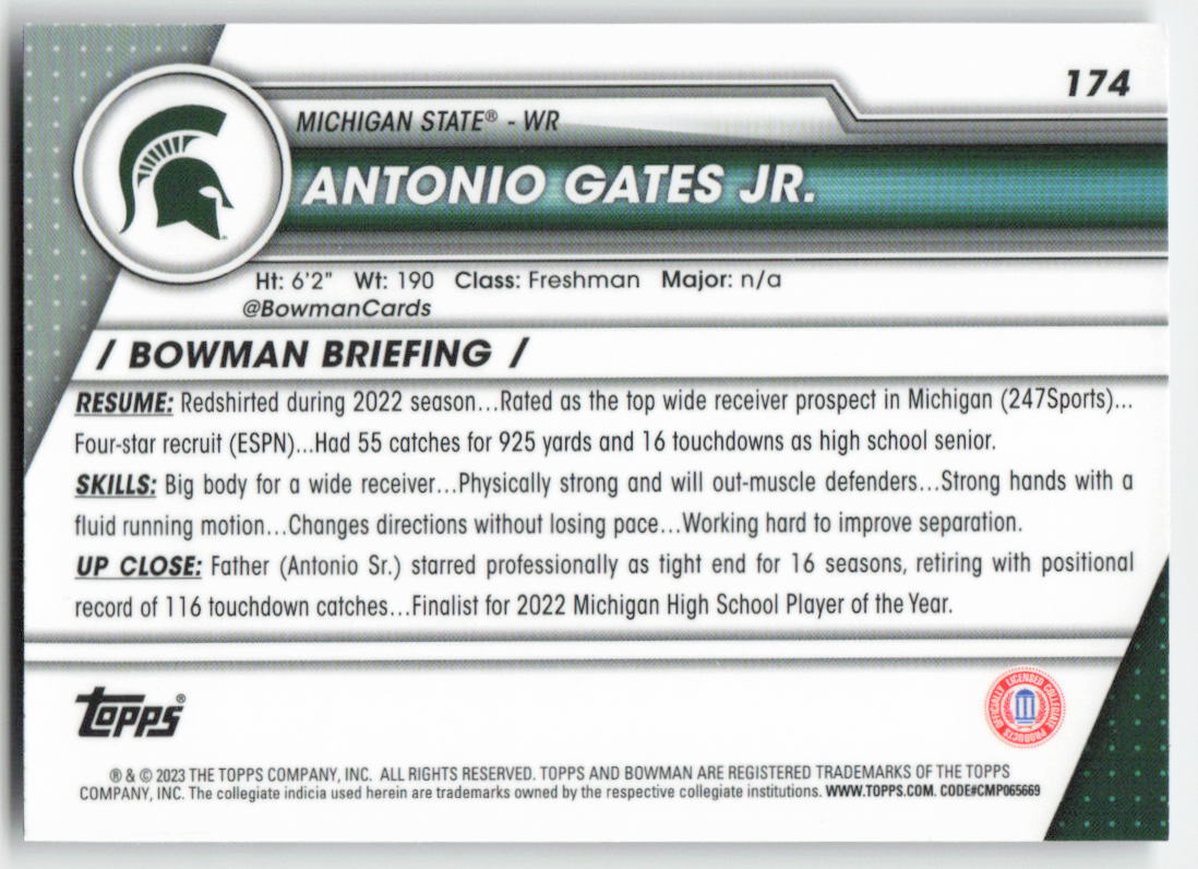 2023 Bowman University Chrome #174 Antonio Gates Jr. Michigan State FB1-888