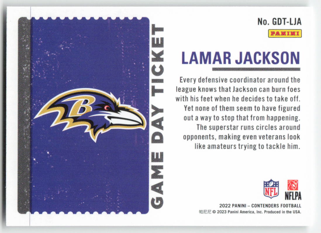2022 Panini Contenders #GDT-LJA Lamar Jackson Game Day Ticket Emerald FB1-891