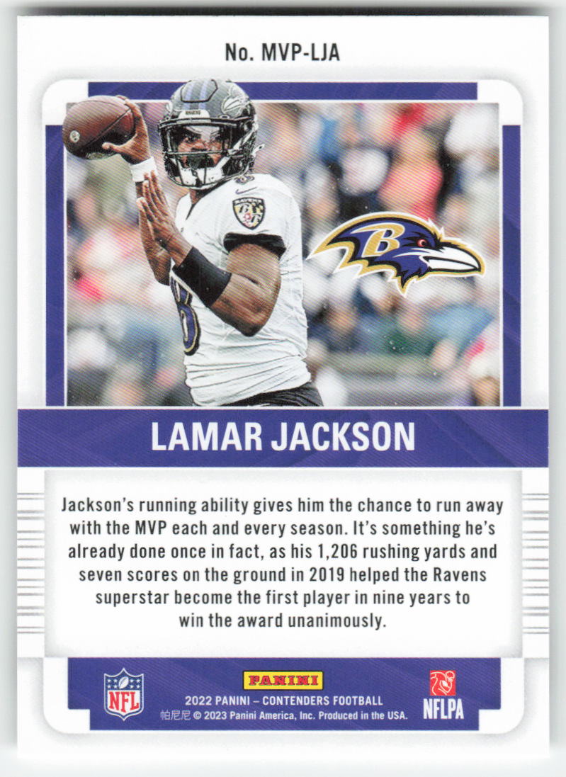 2022 Panini Contenders #MVP-LJA Lamar Jackson MVP Emerald Ravens FB1-893