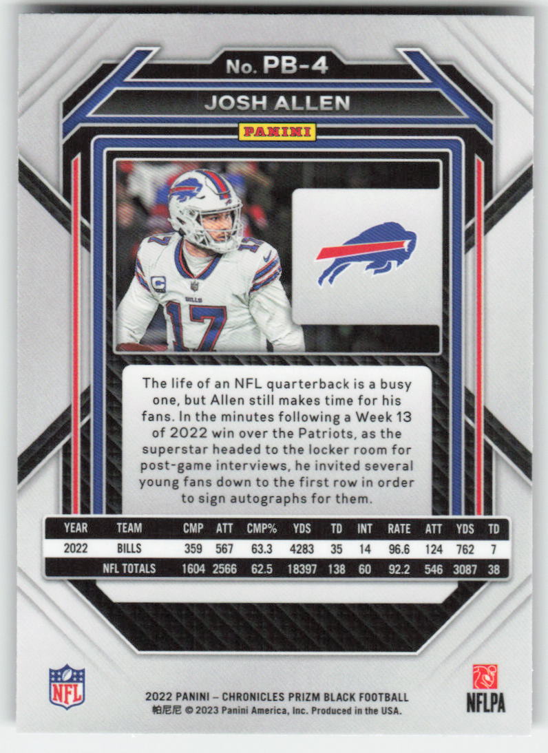 2022 Panini Chronicles #PB-4 Josh Allen Prizm Black Buffalo Bills FB1-895