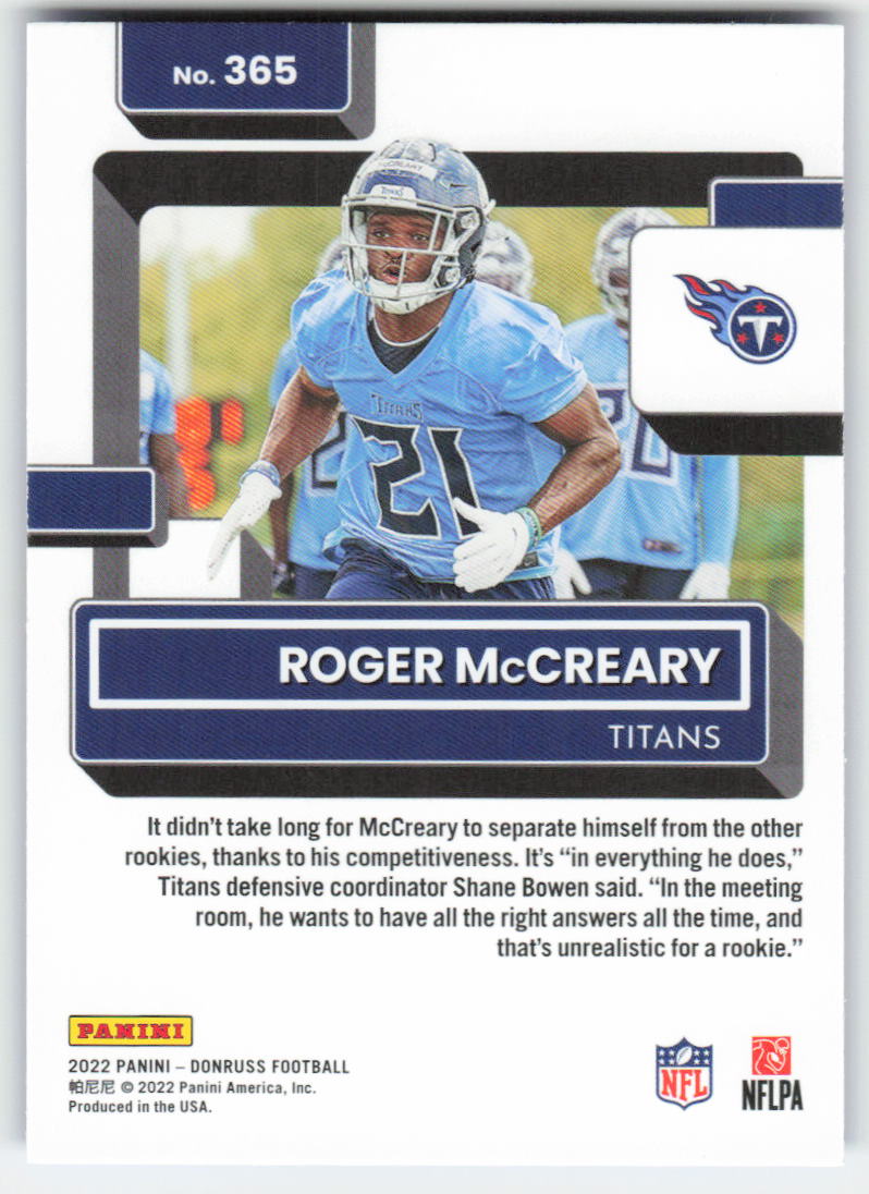 2022 Donruss #365 Roger McCreary Blue Press Proof Titans Rookie FB1-896