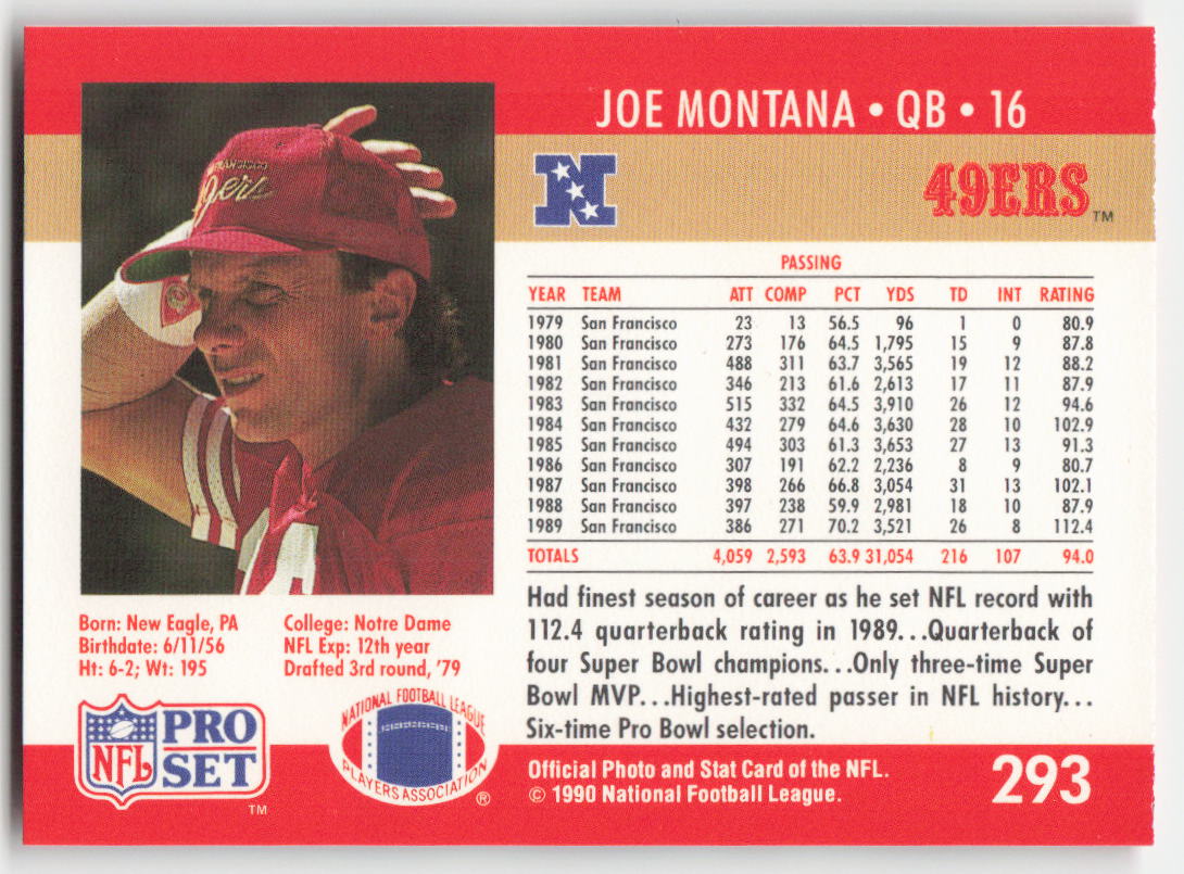 1990 Pro Set #293 Joe Montana San Francisco 49ers FB1-898