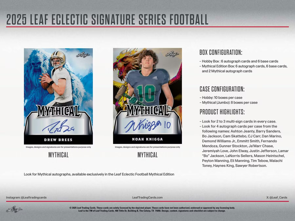 2025 Leaf Eclectic Signature Series Football Hobby Box (12 Cards)