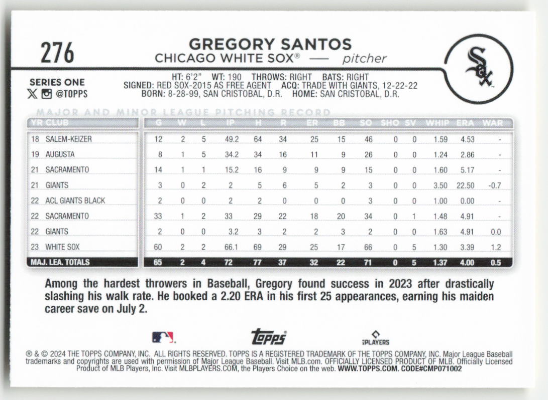 2024 Topps #276 Gregory Santos Yellow