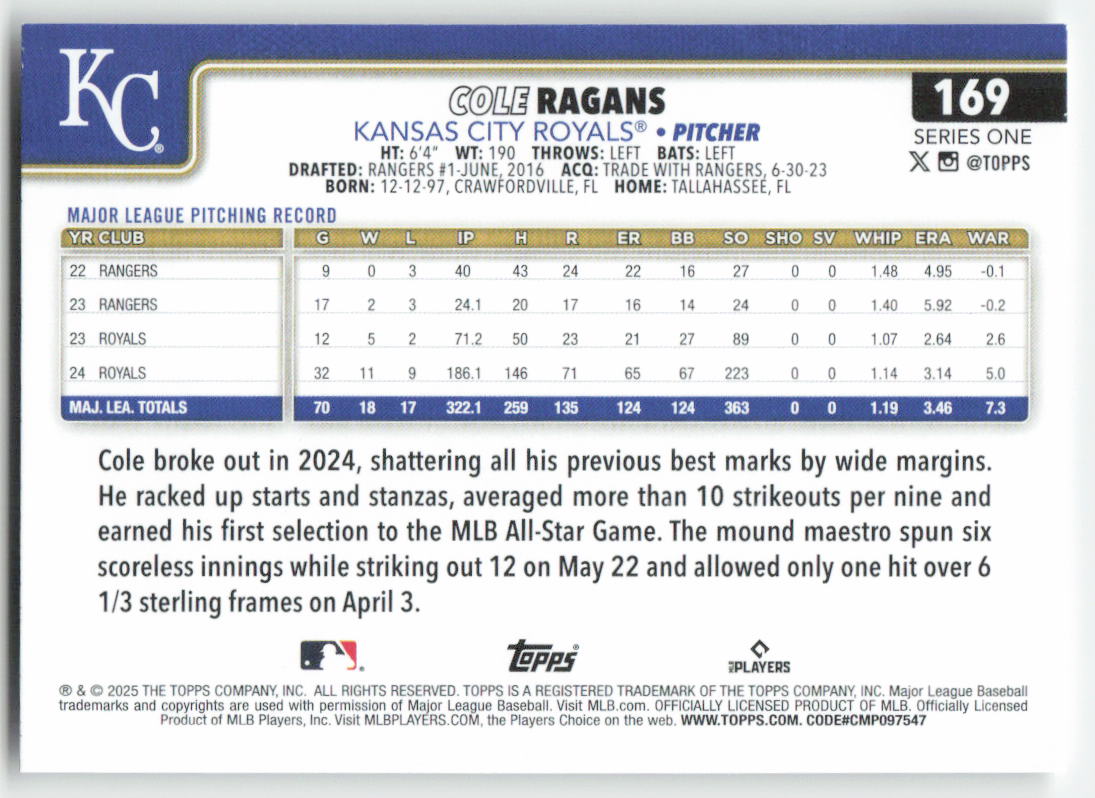 2025 Topps #169 Cole Ragans Kansas City Royals 695