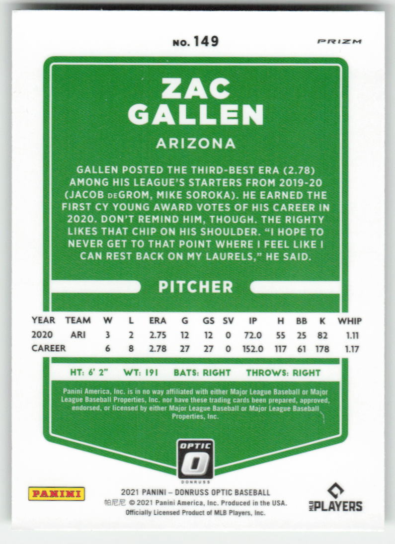 2021 Donruss Optic #149 Zac Gallen Lime Green Prizm Arizona Diamondbacks 866