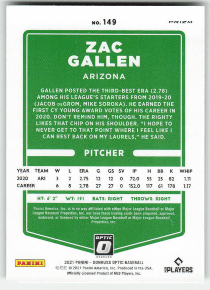 2021 Donruss Optic #149 Zac Gallen Lime Green Prizm Arizona Diamondbacks 866