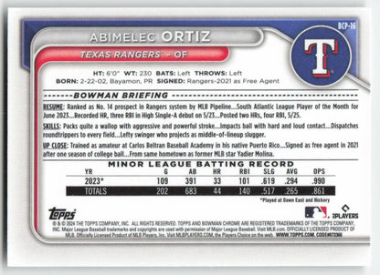 2024 Bowman #BCP-16 Abimelec Ortiz Chrome Prospects Mojo Refractors Rangers 887