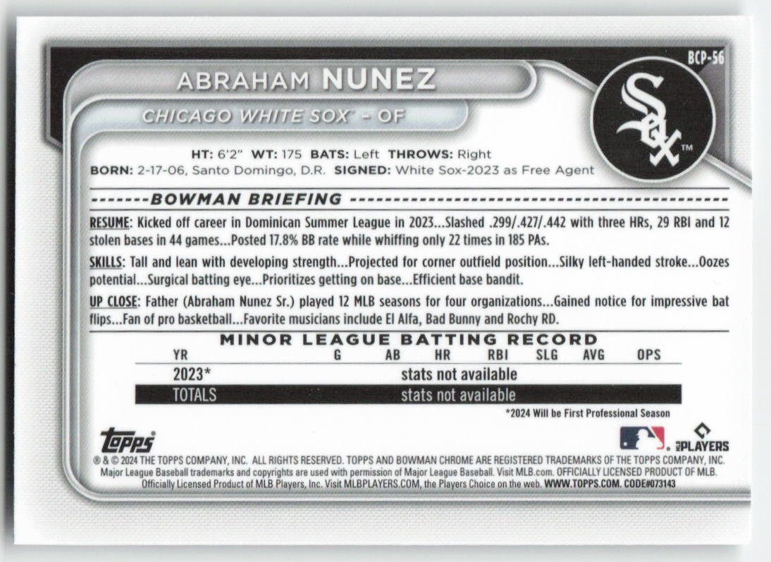 2024 Bowman #BCP-56 Abraham Nunez Chrome Prospects Chicago White Sox 898
