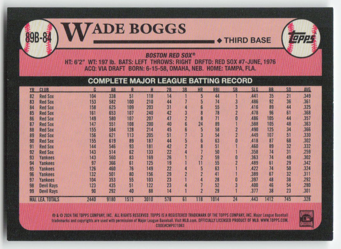 2024 Topps #89B-84 Wade Boggs 1989 Baseball 35th Anniv Boston Red Sox 932