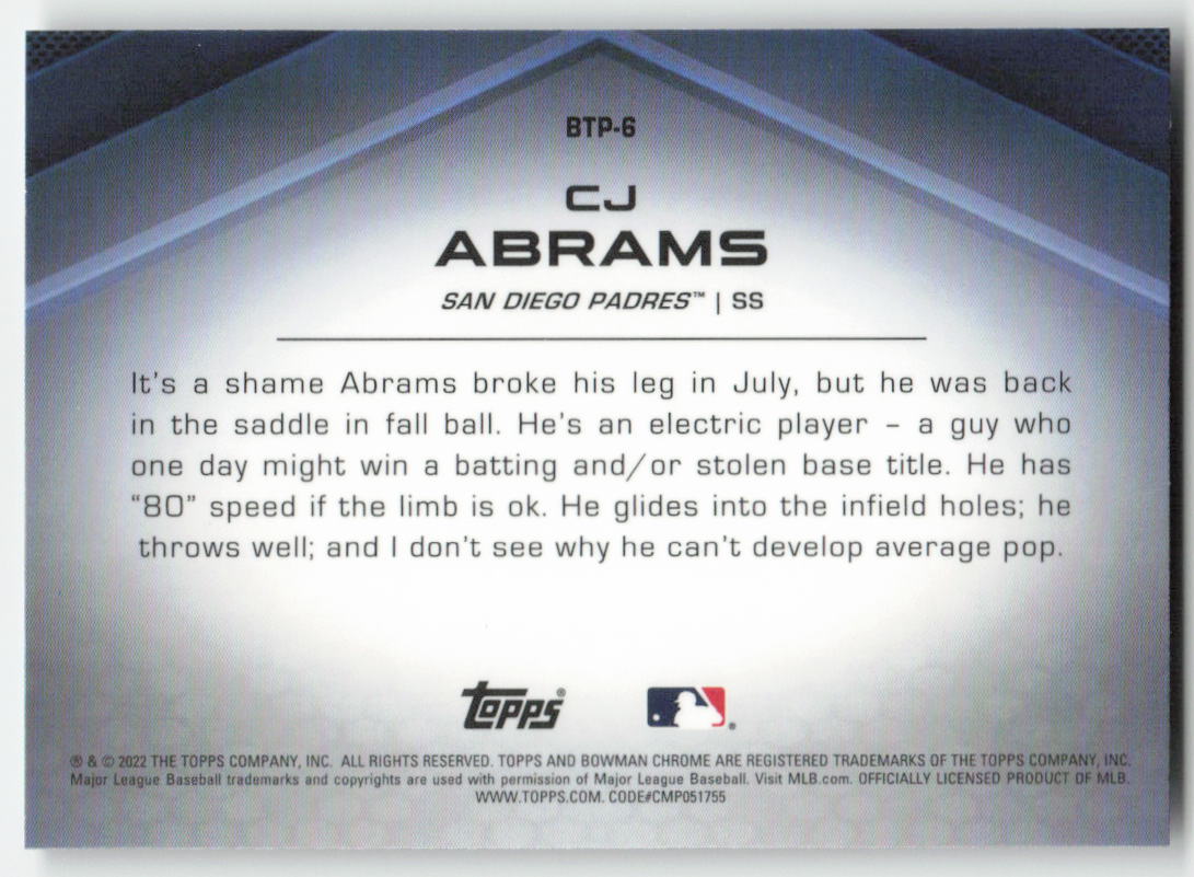 2022 Bowman #BTP-6 CJ Abrams Bowman Scouts' Top 100 San Diego Padres 938