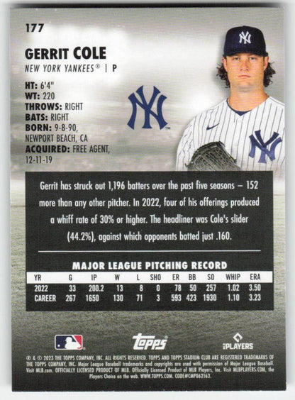 2023 Stadium Club #177 Gerrit Cole New York Yankees 970