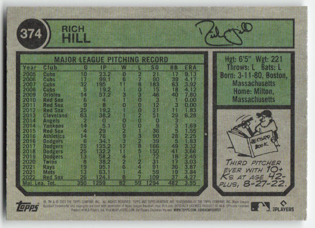 2023 Topps Heritage #374 Rich Hill Pittsburgh Pirates 1210