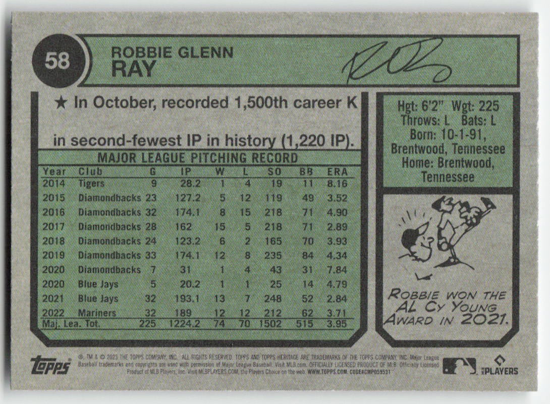 2023 Topps Heritage #58 Robbie Ray Seattle Mariners 1211
