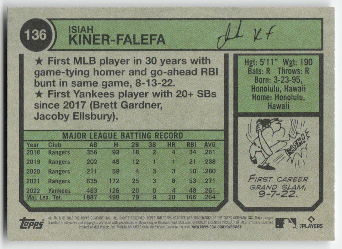 2023 Topps Heritage #136 Isiah Kiner-Falefa New York Yankees 1213