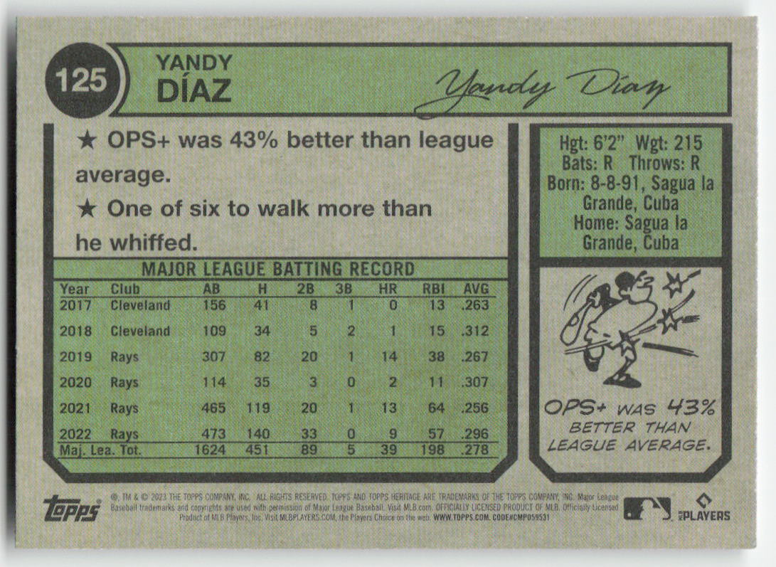2023 Topps Heritage #125 Yandy Díaz Tampa Bay Rays 1217