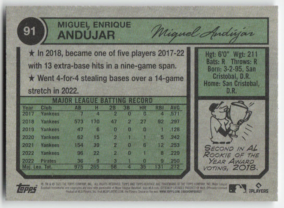 2023 Topps Heritage #91 Miguel Andújar Pittsburgh Pirates 1219