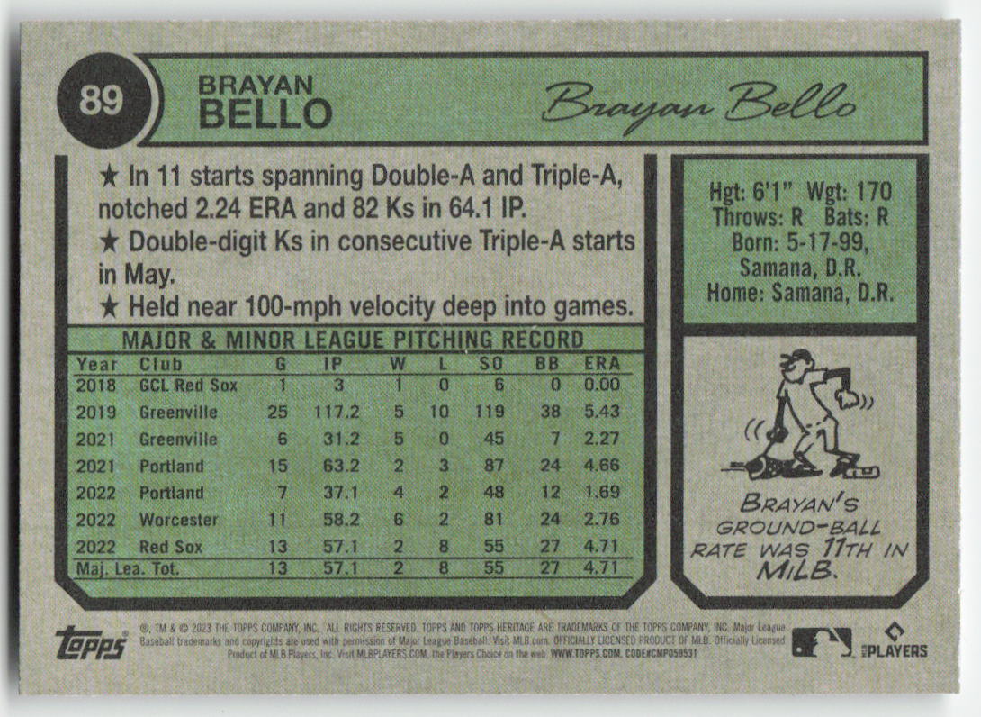 2023 Topps Heritage #89 Brayan Bello Boston Red Sox Rookie 1222