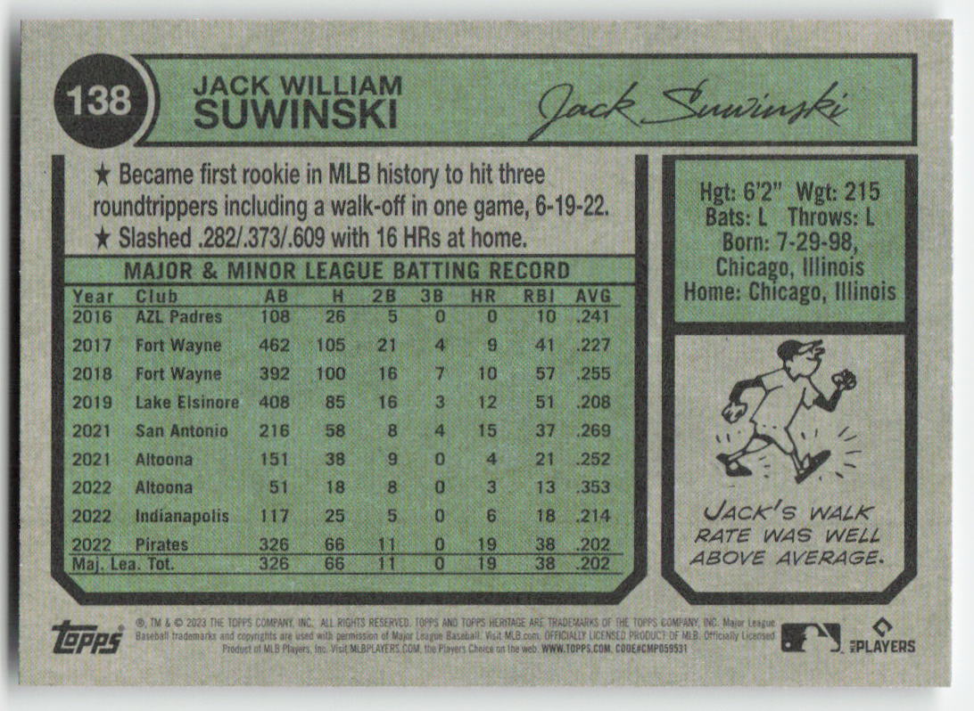 2023 Topps Heritage #138 Jack Suwinski Pittsburgh Pirates 1223