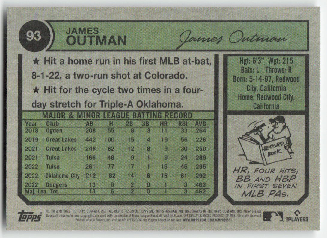 2023 Topps Heritage #93 James Outman Los Angeles Dodgers Rookie 1225