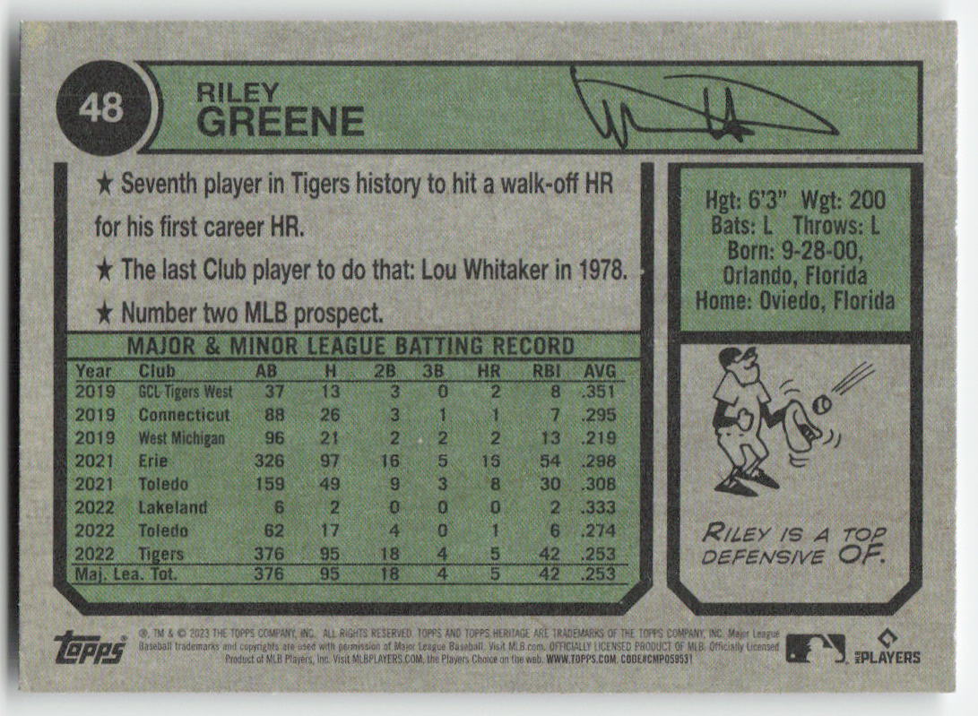 2023 Topps Heritage #48 Riley Greene Detroit Tigers Rookie 1231