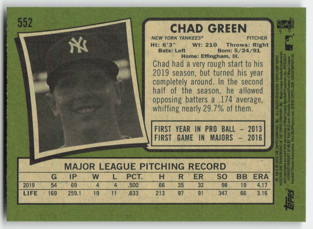 2020 Topps Heritage #552 Chad Green New York Yankees 1233
