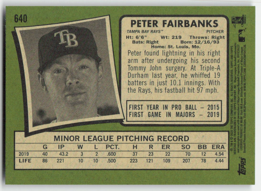 2020 Topps Heritage #640 Peter Fairbanks Tampa Bay Rays Rookie 1240