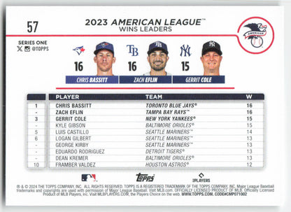 2024 Topps #57 AL Leaders Wins (Bassitt / Eflin / Gerrit Cole) 1246