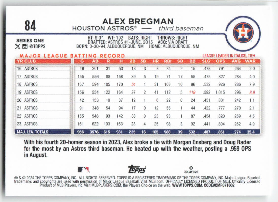 2024 Topps #84 Alex Bregman Houston Astros 1249