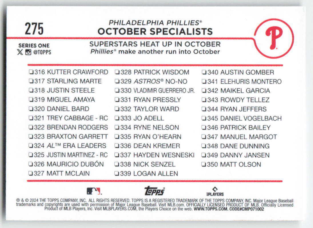 2024 Topps #275 October Specialists: Superstars Heat Up in October Phillies 1254