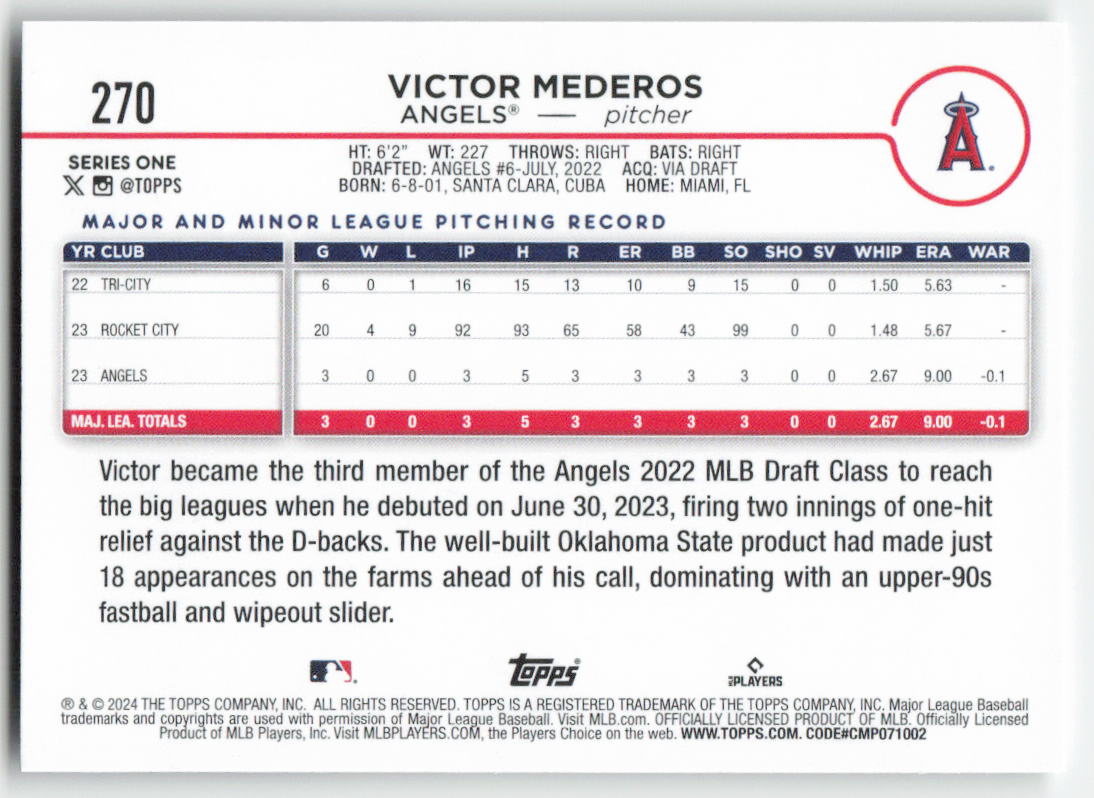 2024 Topps #270 Victor Mederos Los Angeles Angels Rookie 1257