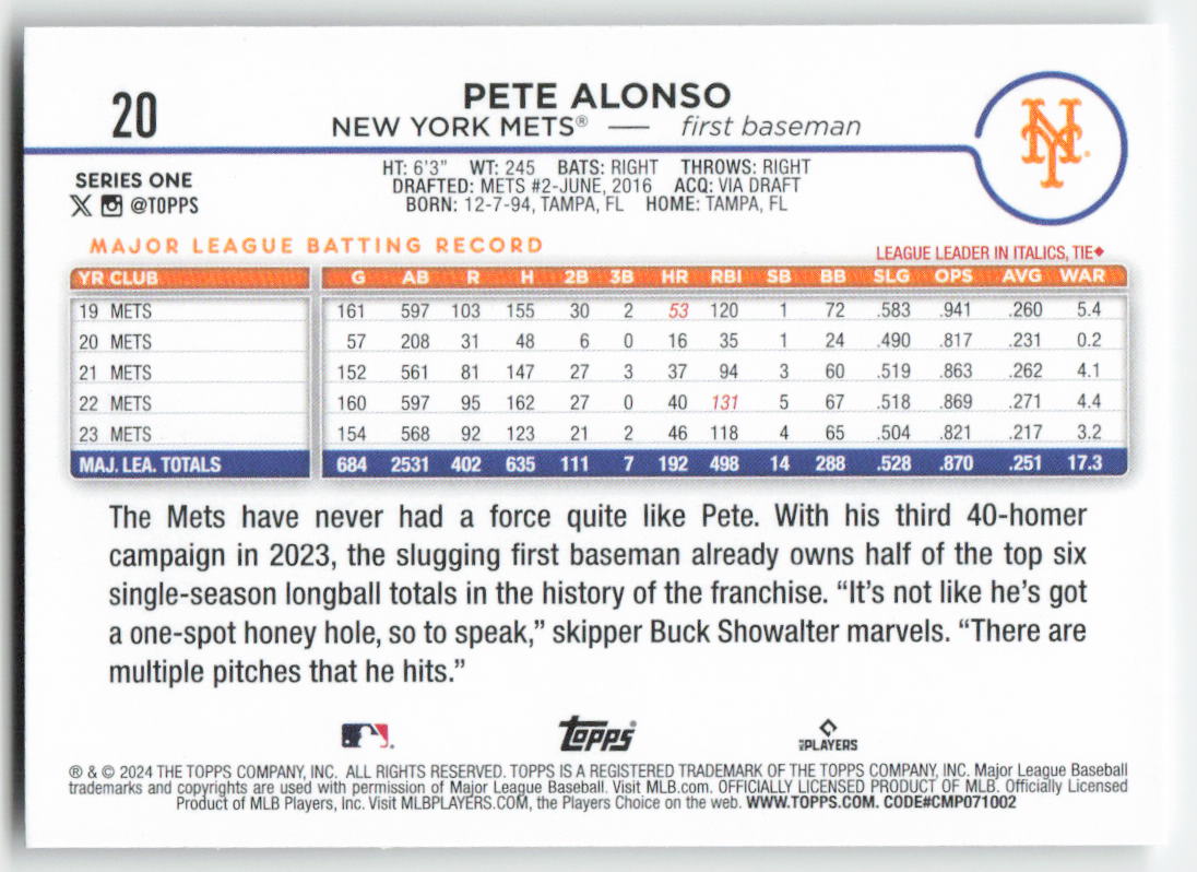 2024 Topps #20 Pete Alonso New York Mets 1258