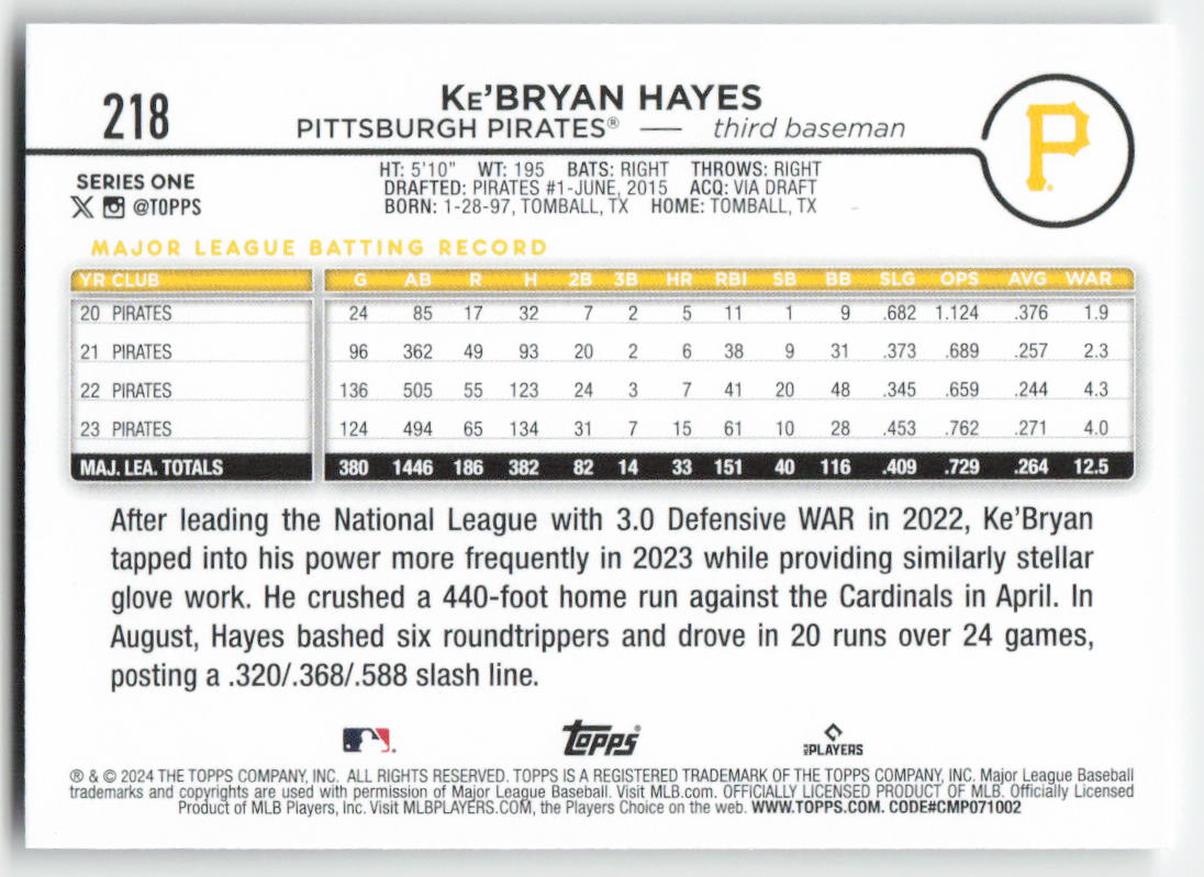 2024 Topps #218 Ke'Bryan Hayes Pittsburgh Pirates 1263