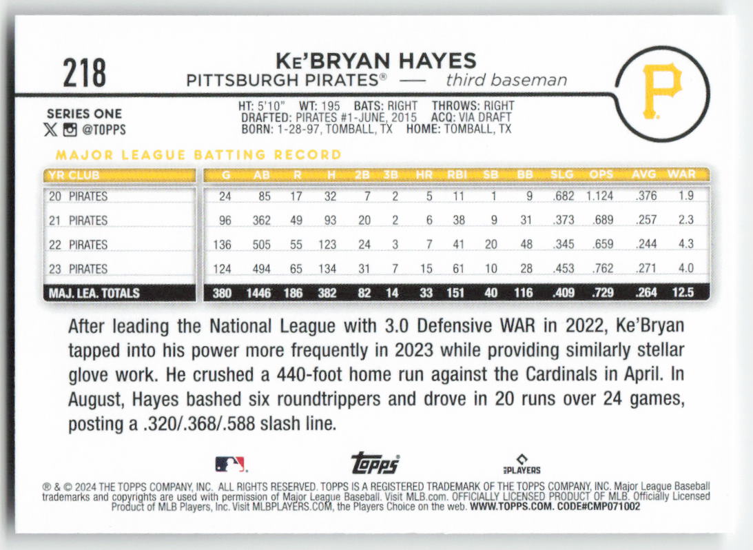 2024 Topps #218 Ke'Bryan Hayes Pittsburgh Pirates 1269