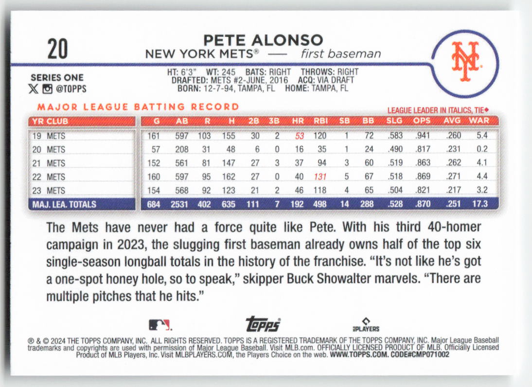 2024 Topps #20 Pete Alonso New York Mets 1271