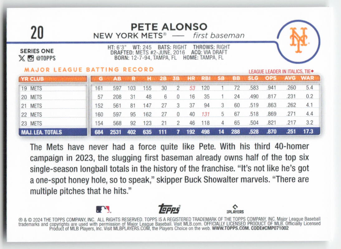 2024 Topps #20 Pete Alonso New York Mets 1272