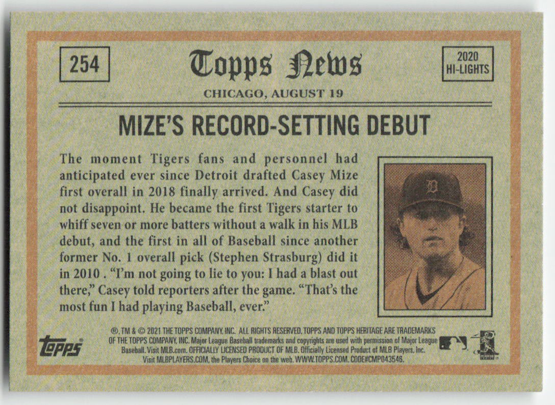 2021 Topps Heritage #254 Casey Mize Detroit Tigers 1275