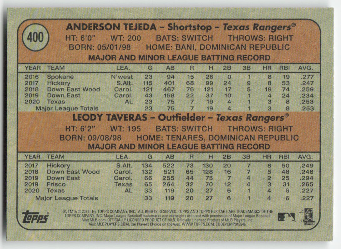 2021 Topps Heritage #400 Rangers 2021 Rookie Stars (Tejeda / Taveras) 1276