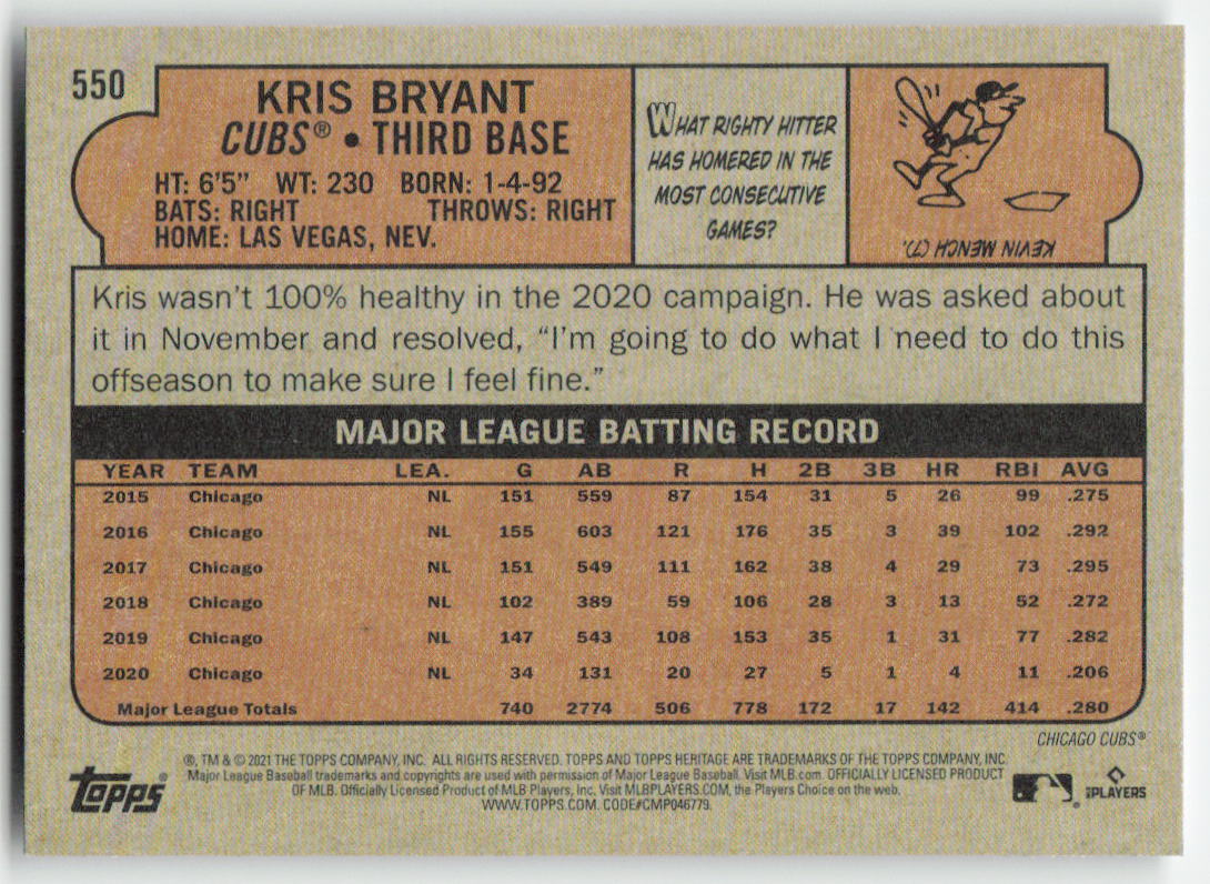 2021 Topps Heritage #550 Kris Bryant Chicago Cubs 1278