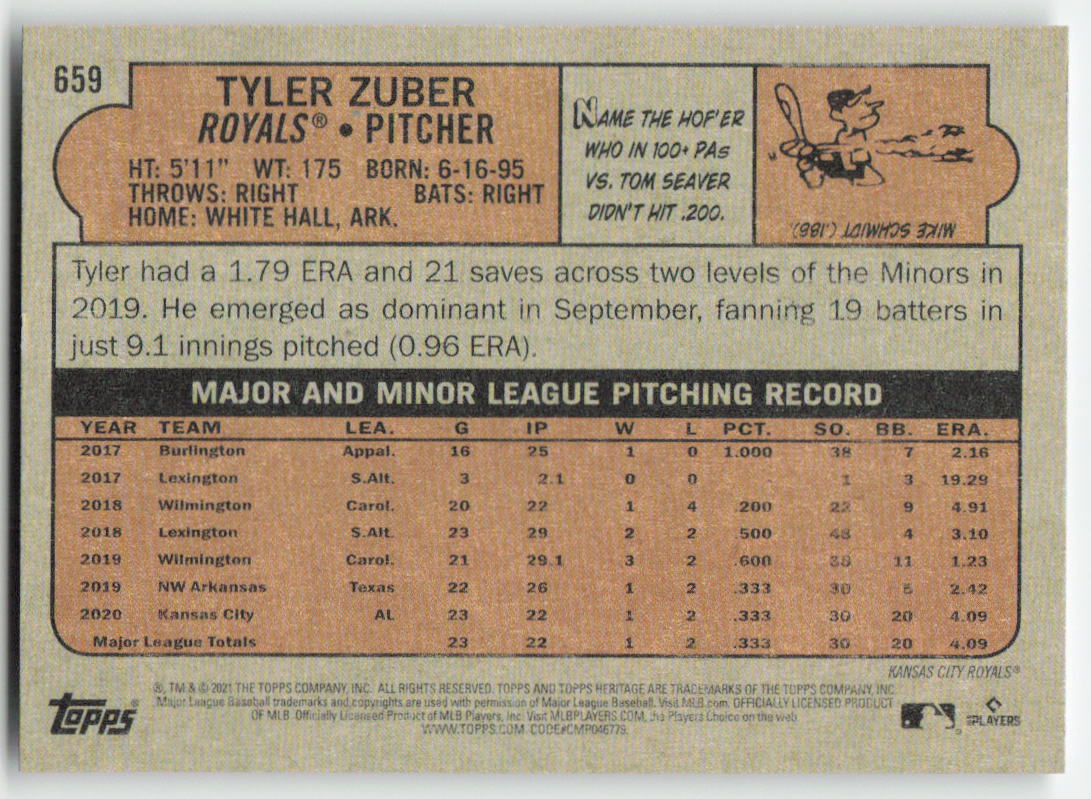 2021 Topps Heritage #659 Tyler Zuber Kansas City Royals Rookie 1281