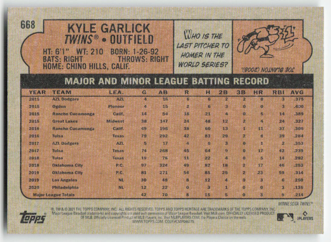 2021 Topps Heritage #668 Kyle Garlick Minnesota Twins 1282