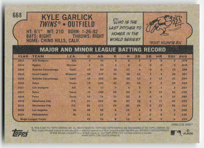 2021 Topps Heritage #668 Kyle Garlick Minnesota Twins 1282