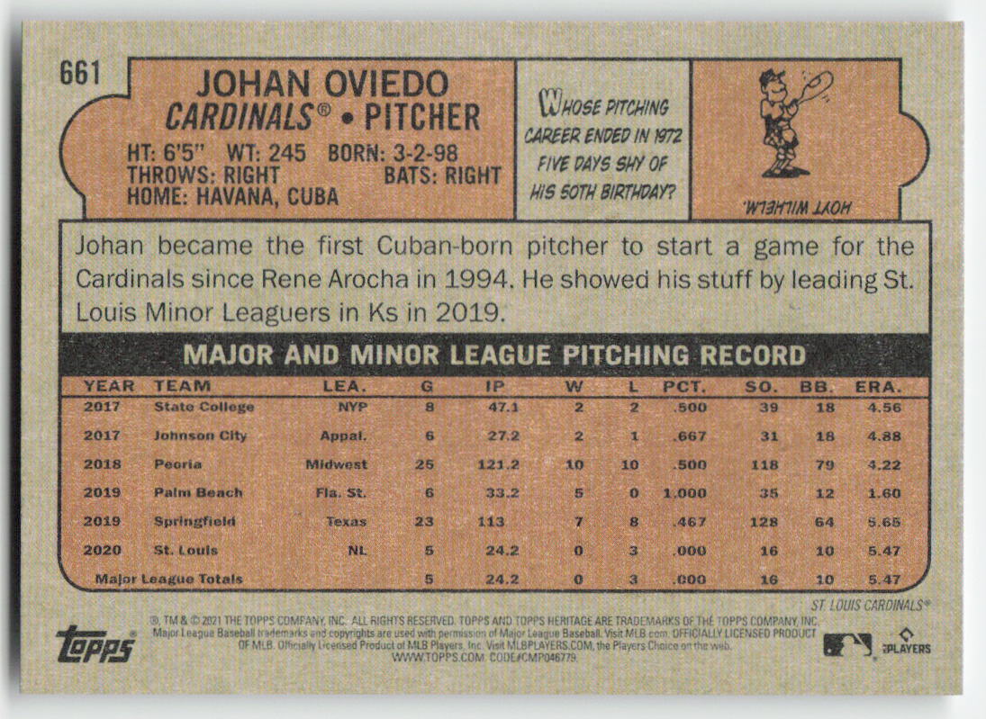 2021 Topps Heritage #661 Johan Oviedo St. Louis Cardinals Rookie 1283