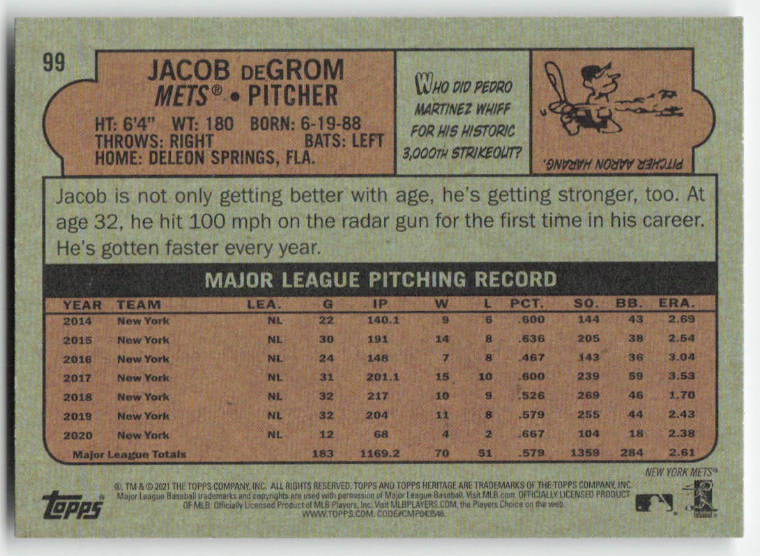 2021 Topps Heritage #99 Jacob deGrom New York Mets 1284