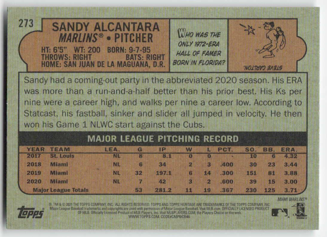 2021 Topps Heritage #273 Sandy Alcantara Miami Marlins 1289
