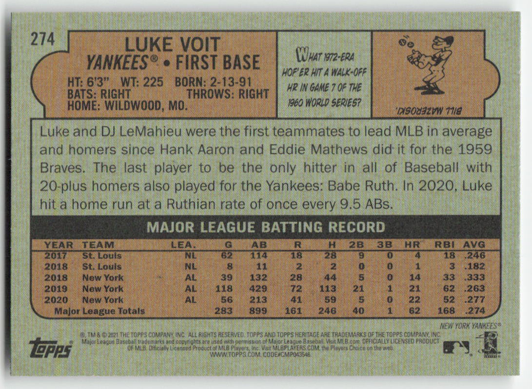 2021 Topps Heritage #274 Luke Voit New York Yankees 1292
