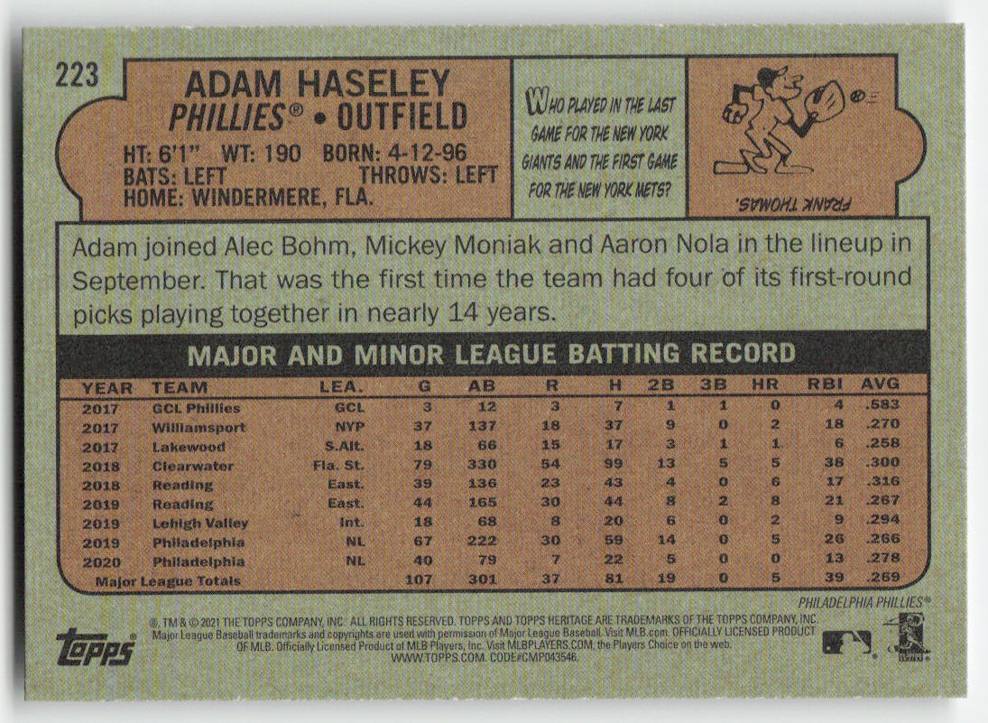 2021 Topps Heritage #223 Adam Haseley Philadelphia Phillies 1295