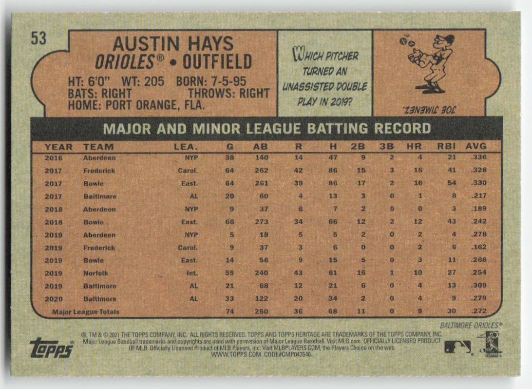 2021 Topps Heritage #53 Austin Hays Baltimore Orioles 1300
