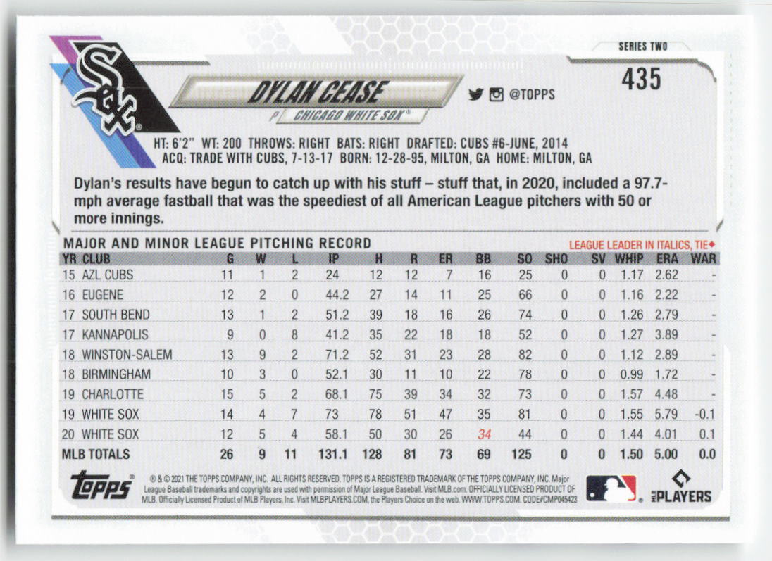 2021 Topps #435 Dylan Cease Chicago White Sox 1303