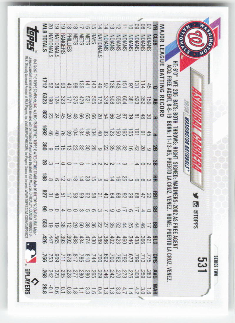 2021 Topps #531 Asdrubal Cabrera Washington Nationals 1305